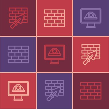 Set line Brick wall with trowel Worker safety helmet and Bricks icon. Vector.