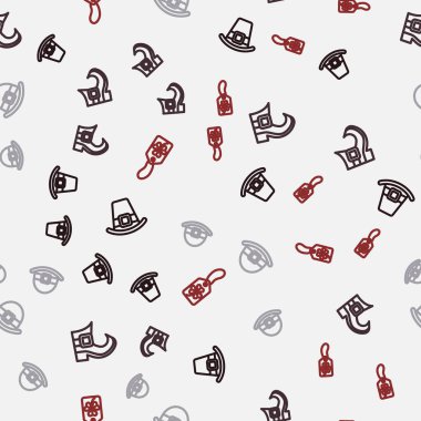 Set line Leprechaun hat boot and Clover trefoil leaf with tag on seamless pattern. Vector.