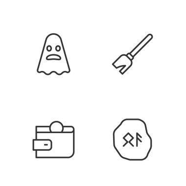Set line Magic runes Wallet Ghost and Witches broom icon. Vector.