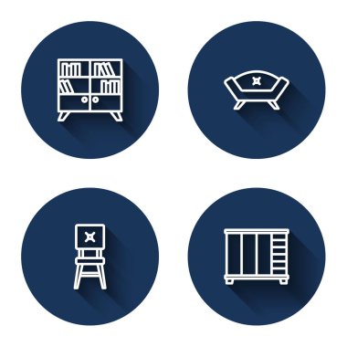 Set line Library bookshelf Sofa Chair and Wardrobe with long shadow. Blue circle button. Vector.