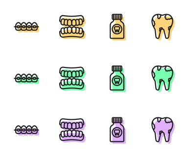 Set line Toothache painkiller tablet Teeth with braces Dentures model and Broken tooth icon. Vector.
