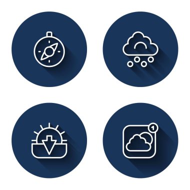 Set line Compass Hail cloud Sunset and Weather forecast app with long shadow. Blue circle button. Vector.