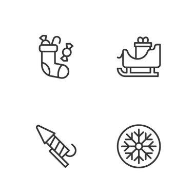 Set line Snowflake Firework rocket Christmas stocking and santa claus sleigh icon. Vector.