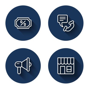 Set line Discount percent tag Telephone 24 hours support Megaphone and Market store with long shadow. Blue circle button. Vector.