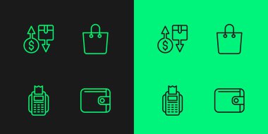 Set line Wallet POS terminal Tax cardboard box and Paper shopping bag icon. Vector.