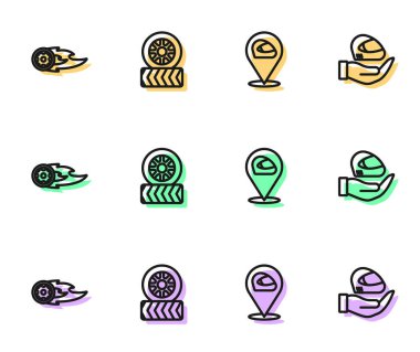 Set line Racing helmet Wheel fire flame Car tire wheel and icon. Vector.