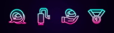 Set line Racing helmet Car muffler and Medal. Glowing neon icon. Vector.