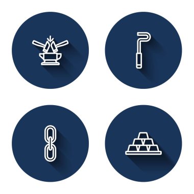 Set line Anvil and hammer Fire poker Chain link and Gold bars with long shadow. Blue circle button. Vector.