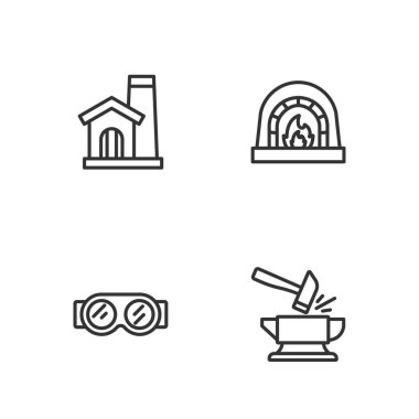 Set line Anvil and hammer Welding glasses Smithy workshop interior and Blacksmith oven icon. Vector.