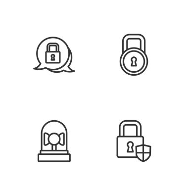 Set line Shield security with lock Ringing alarm bell Lock and icon. Vector.