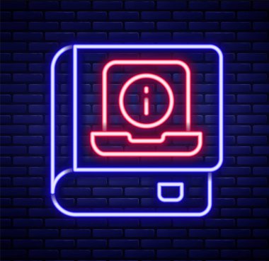 Parlayan neon hattı kullanıcı elle simgesi tuğla duvar arka planında izole edildi. Kullanıcı rehberi kitabı. Talimat işareti. Kullanmadan önce oku. Renkli taslak konsepti. Vektör