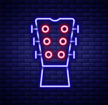 Parlayan neon hattı Guitar boyun ikonu tuğla duvar arkasında izole edildi. Akustik gitar. Telli müzik aleti. Renkli taslak konsepti. Vektör