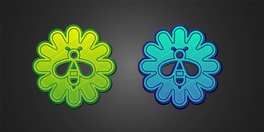 Green and blue Bee on flower icon isolated on black background. Sweet natural food. Honeybee or apis with wings symbol. Flying insect.  Vector