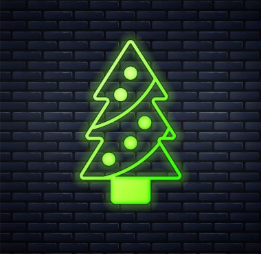 Duvarda izole edilmiş dekorasyon simgesiyle parlayan neon noel ağacı. Mutlu Noeller ve mutlu yıllar. Vektör