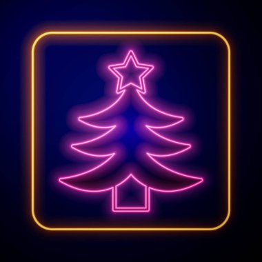 Siyah arka planda parlayan neon renkli Noel ağacı simgesi. Mutlu Noeller ve mutlu yıllar. Vektör