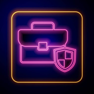 Siyah zemin üzerinde kalkan simgesi olan parlak neon çanta. Sigorta konsepti. Güvenlik, güvenlik, koruma, konsept koruma. Vektör