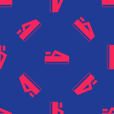 Red Wood plane tool for woodworker hand crafted icon isolated seamless pattern on blue background. Jointer plane.  Vector