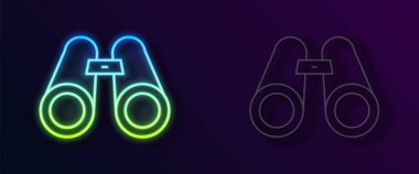 Parlayan neon çizgisi Dürbün simgesi siyah arkaplanda izole edildi. Yazılım işareti bul. Casus ekipman sembolü. Vektör