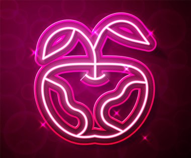 Parlayan neon hattı Apple simgesi kırmızı arkaplanda izole edildi. Fazla kilolu. Sağlıklı diyet menüsü. Fitness diyeti elması. Vektör
