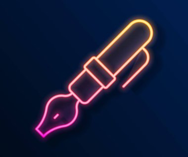 Parlayan neon hattı Çeşme ucu simgesi siyah arkaplanda izole edildi. Kalem aleti işareti. Vektör