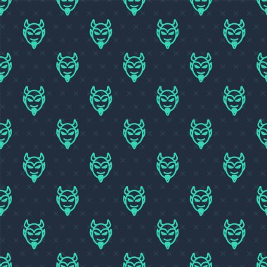 Green line Devil head icon isolated seamless pattern on blue background. Happy Halloween party.  Vector