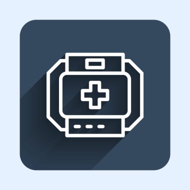 Beyaz çizgi ilk yardım çantası simgesi uzun gölge arkaplanı ile izole edildi. Haçlı sağlık kutusu. Acil durumlar için tıbbi ekipman. Sağlık sigortası konsepti. Mavi kare düğme. Vektör