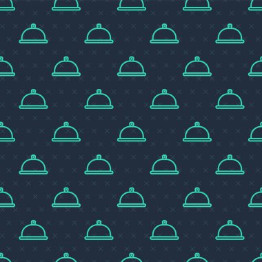 Yeşil hat, mavi arka planda izole edilmiş yemek ikonu tepsisiyle kaplı. Tepsi ve kapak işareti. Kapaklı bir restoran saati. Vektör