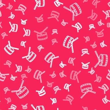 Davul çizgisi simgesi olan beyaz çizgi kırmızı arka planda izole edilmiş. Müzik işareti. Müzik aleti sembolü. Vektör