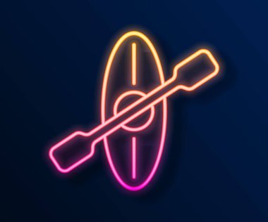 Parlayan neon hattı kano ve kürek simgesi siyah arkaplanda izole edildi. Balıkçılık ve turizm için kano. Açık hava aktiviteleri. Vektör