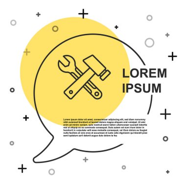 Black line Crossed hammer and wrench spanner icon isolated on white background. Hardware tools. Random dynamic shapes. Vector