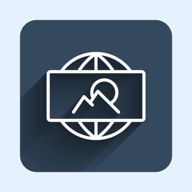 White line Wide angle picture icon isolated with long shadow background. Panorama view. Blue square button. Vector