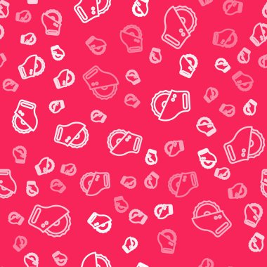 Beyaz çizgi elektrikli daire testere, çelik dişli disk ikonu, kırmızı arka planda izole edilmiş pürüzsüz desen. Tahta ya da metal kesmek için elektrikli el aleti. Vektör