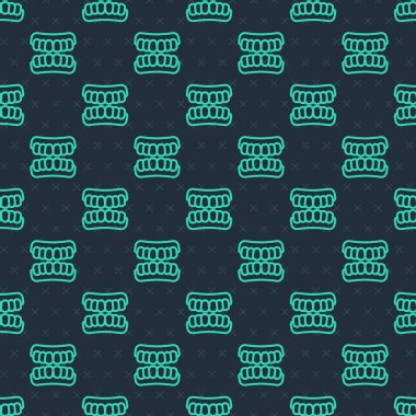 Green line Dentures model icon isolated seamless pattern on blue background. Teeth of the upper jaw. Dental concept.  Vector