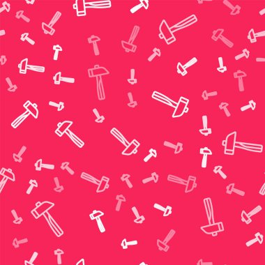 Beyaz çizgi çekiç simgesi kırmızı arkaplanda izole edilmiş. Tamir için bir araç. Vektör