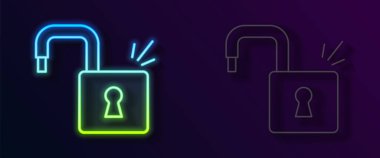 Parlayan neon hattı Açık asma kilit simgesi siyah arkaplanda izole edildi. Kilit açık işareti. Siber güvenlik kavramı. Dijital veri koruması. Vektör