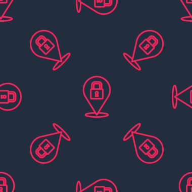 Red line Lock icon isolated seamless pattern on black background. Padlock sign. Security, safety, protection, privacy concept.  Vector
