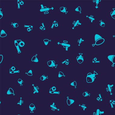 Set Fishing rod, net, harpoon and  on seamless pattern. Vector