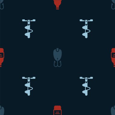 Set Bottle of vodka, Fishing lure and Hand ice drill on seamless pattern. Vector