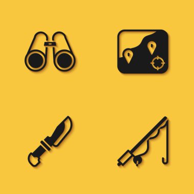 Set Binoculars, Fishing rod, Knife and Location fishing icon with long shadow. Vector