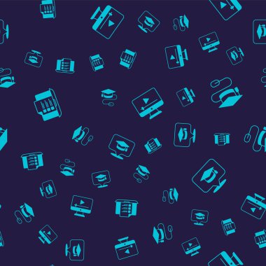 Set Online quiz, test, survey, Graduation cap with mouse, play video and speech bubble on seamless pattern. Vector