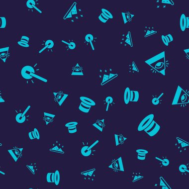 Set Magic wand, All-seeing eye of God, powder and hat on seamless pattern. Vector