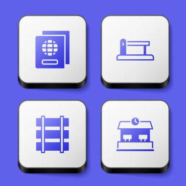 Set Passport, Railway barrier, Railway, railroad track and station icon. White square button. Vector