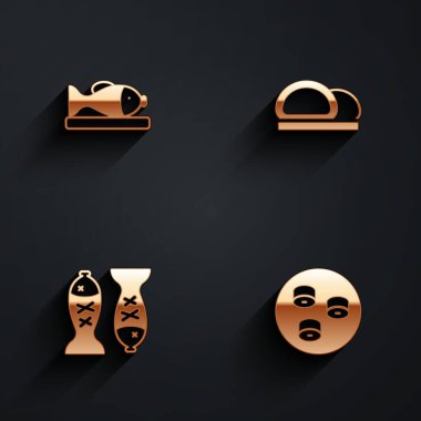 Set Served fish on a plate, Sushi,  and  icon with long shadow. Vector
