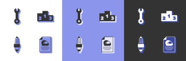 Set Racing helmet, Wrench spanner, Car spark plug and Award over sports winner podium icon. Vector