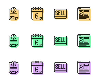 Set line Sell button, Contract money, Calendar and Resume icon. Vector