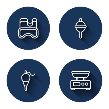 Set line Diving mask, Fishing float,  and Electronic scales with long shadow. Blue circle button. Vector