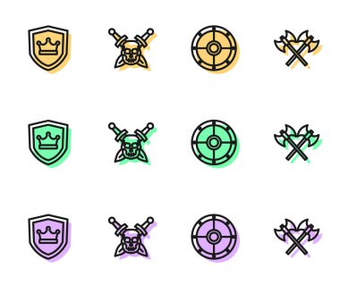 Set line Round shield, Shield with crown, Skull sword and Crossed medieval axes icon. Vector