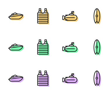 Set line Submarine, Speedboat, Striped sailor t-shirt and Surfboard icon. Vector