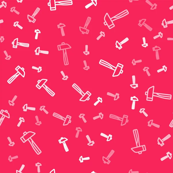 Beyaz çizgi çekiç simgesi kırmızı arkaplanda izole edilmiş. Tamir için bir araç. Vektör