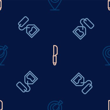 Set line Chicken leg, Tea bag and Knife on seamless pattern. Vector
